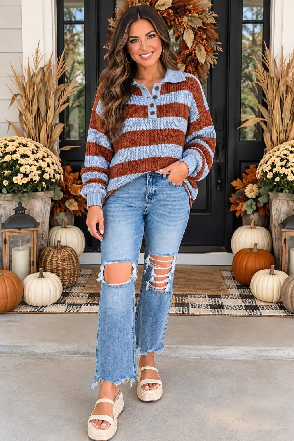 Dropped Shoulder Button Collar Sweater