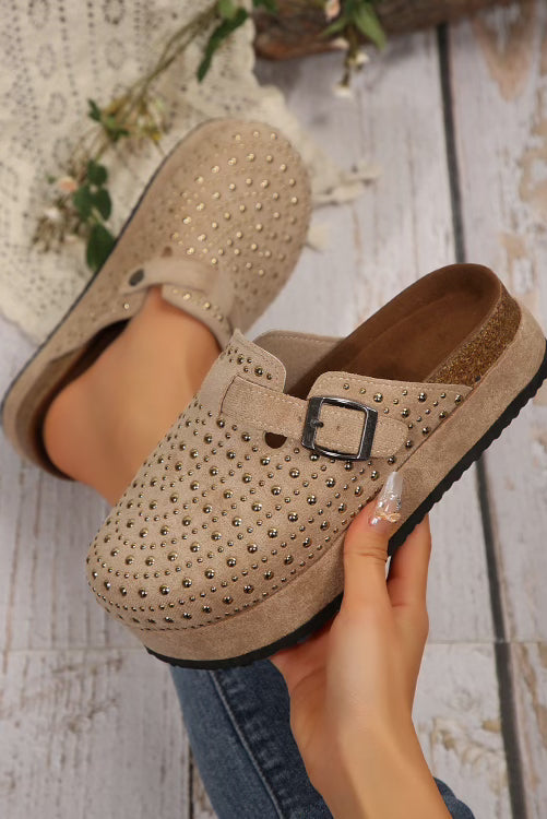 Rivet Buckle Closed Toe Platform Slides