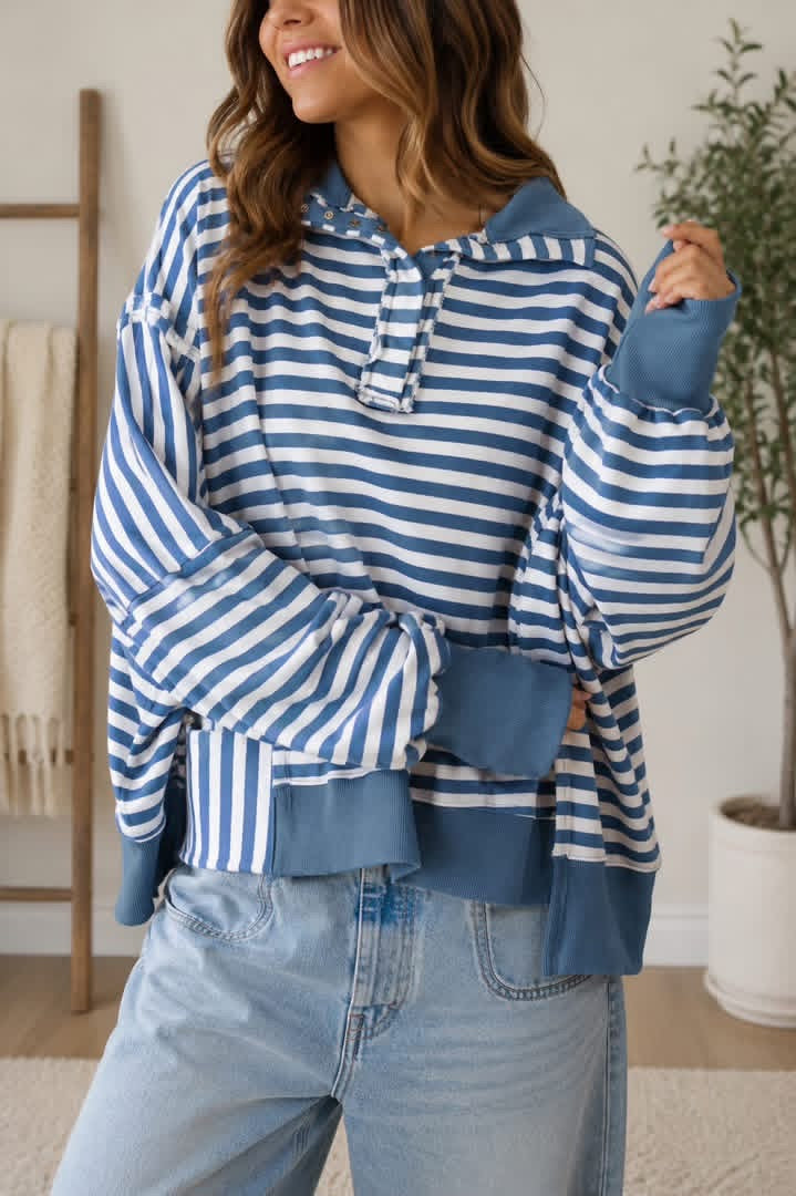 Blue Stripe Raw Hem Sweatshirt
